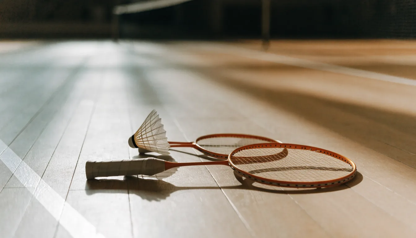 Zwei Badmintonschläger und ein Federball liegen auf einem Holzboden neben der Seitenlinie, weiches Licht fällt von der Seite ein.