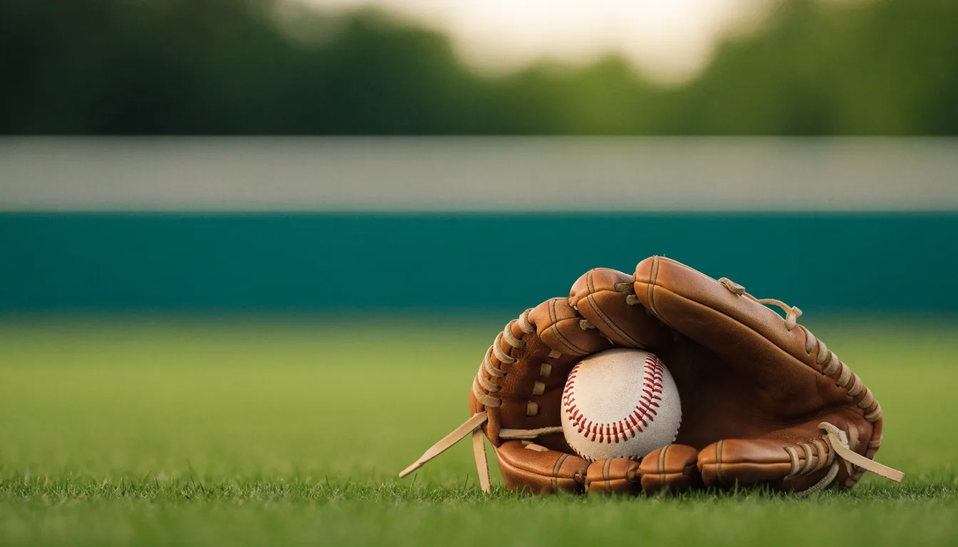 Ein weißer Baseball und ein Lederhandschuh liegen auf kurz geschnittenem Gras, im Hintergrund eine verschwommene Spielfeldbande.
