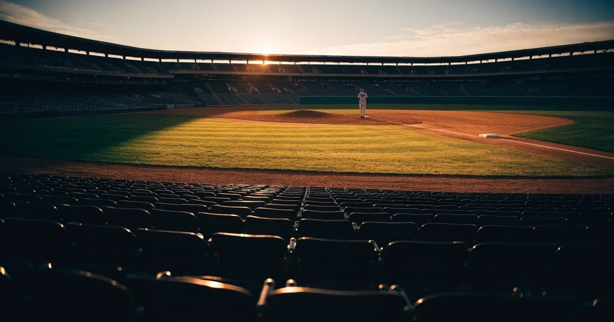 Ein Baseballfeld mit dem hellbraunen Infield und gepflegtem Rasen, von der Tribüne aus gesehen, die Ränge leer, tiefe Abendsonne.
