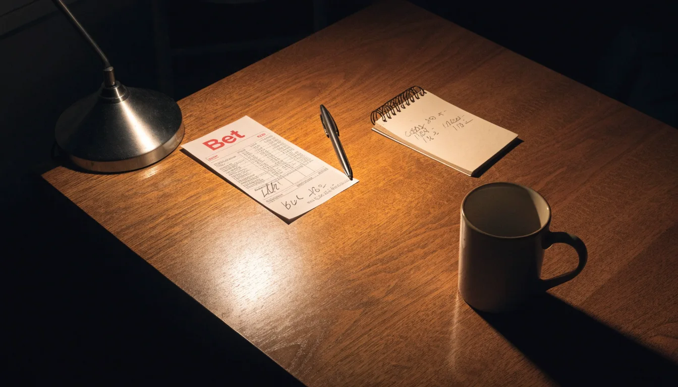 Ein leerer Papierwettschein, ein Kugelschreiber und ein Taschenrechner liegen auf einem Holztisch, warmes Licht einer Schreibtischlampe.