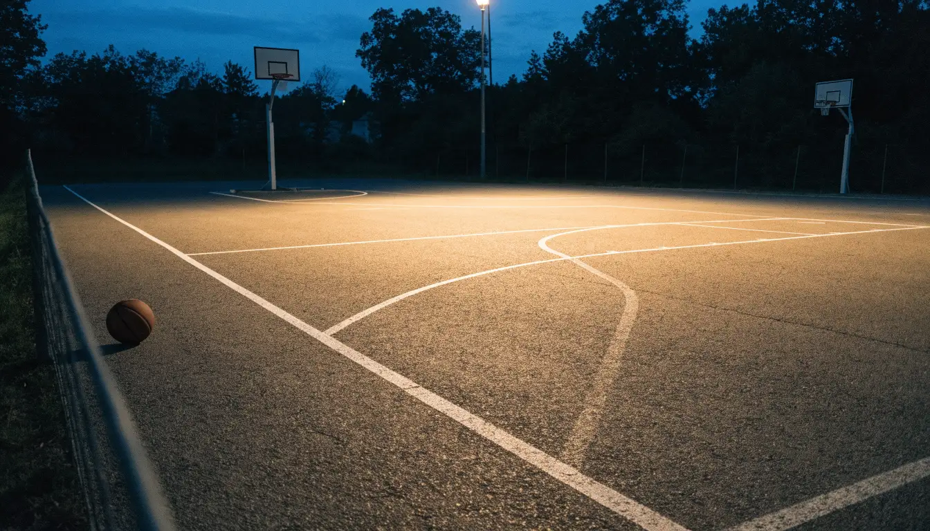 Ein Freiluft-Basketballplatz am Abend mit Asphalt, Linien und zwei Körben unter einer Straßenlaterne.