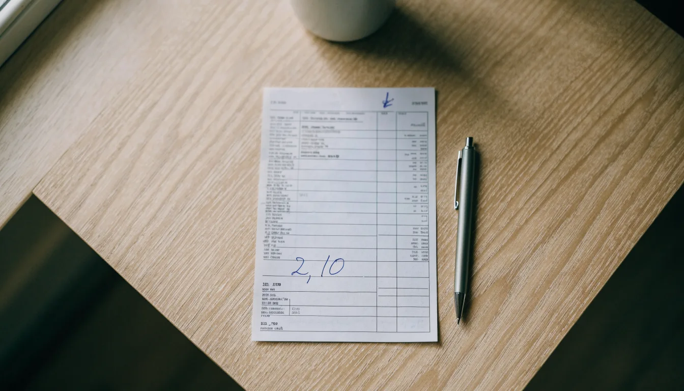 Ein leerer Wettschein aus Papier liegt neben einem Kugelschreiber und einer Tasse auf einem hellen Holztisch.