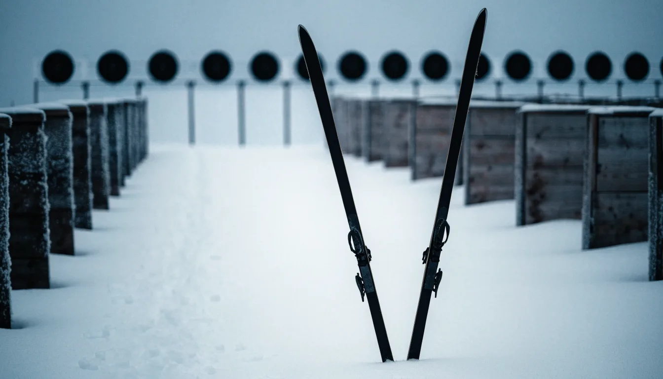 Ein Paar Langlaufskier steckt aufrecht im Schnee neben einem leeren Schießstand mit runden Zielscheiben, kaltes Winterlicht.