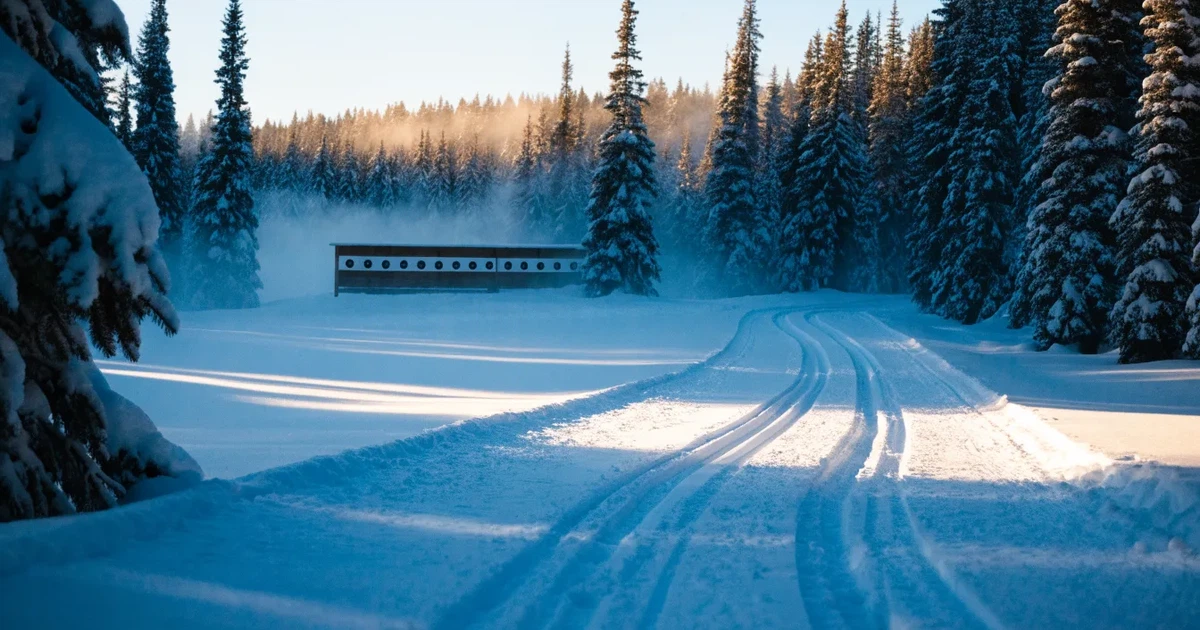 Eine verschneite Loipe zwischen Fichten im Morgenlicht, frische Spuren im Schnee, kein Mensch zu sehen.