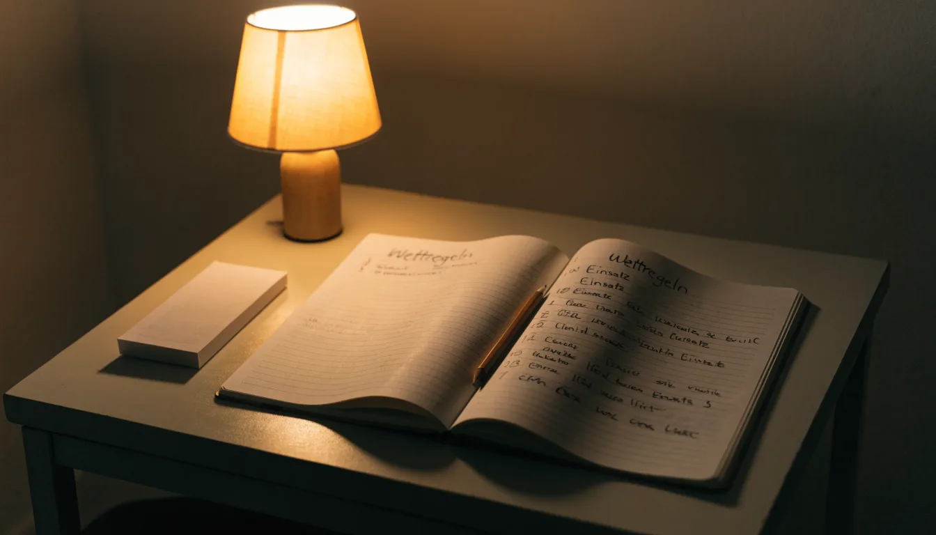 Ein Notizbuch mit handschriftlichen Notizen und ein Bleistift liegen neben einer Tischlampe auf einem Schreibtisch, ruhiges Abendlicht.