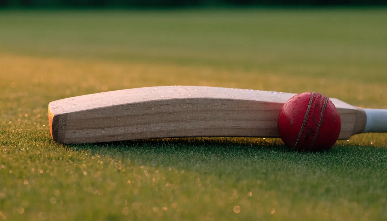Ein Cricketschläger aus hellem Holz und ein roter Lederball liegen auf kurzem Rasen, weiches Abendlicht.