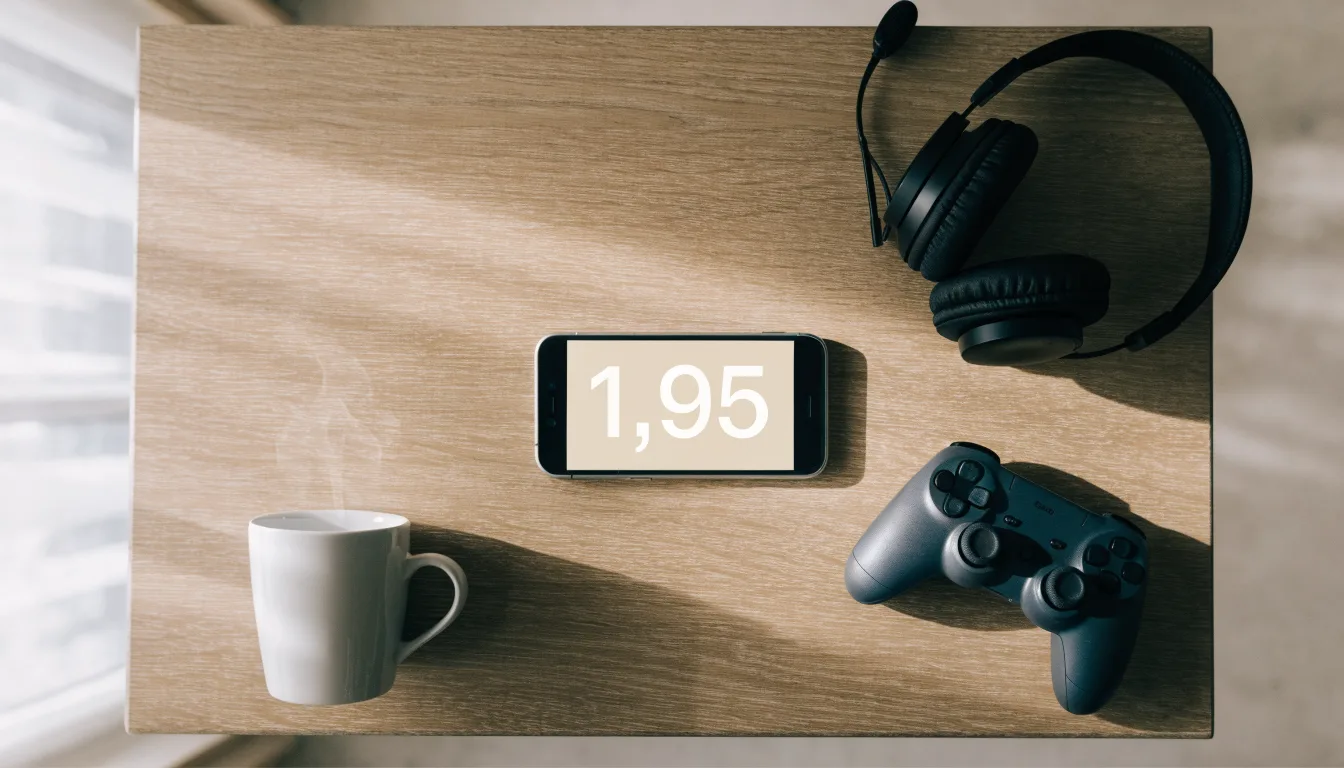 Ein Gamepad und ein Headset liegen auf einem Schreibtisch neben einer Tasse, der Bildschirm im Hintergrund ist ausgeschaltet.