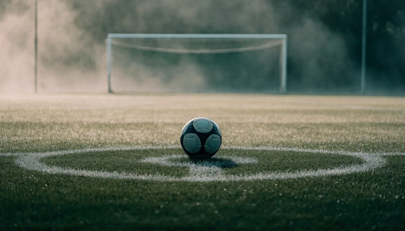 Ein Fußball liegt auf dem Elfmeterpunkt eines leeren Rasenplatzes, im Hintergrund unscharf ein Tor im Morgendunst.
