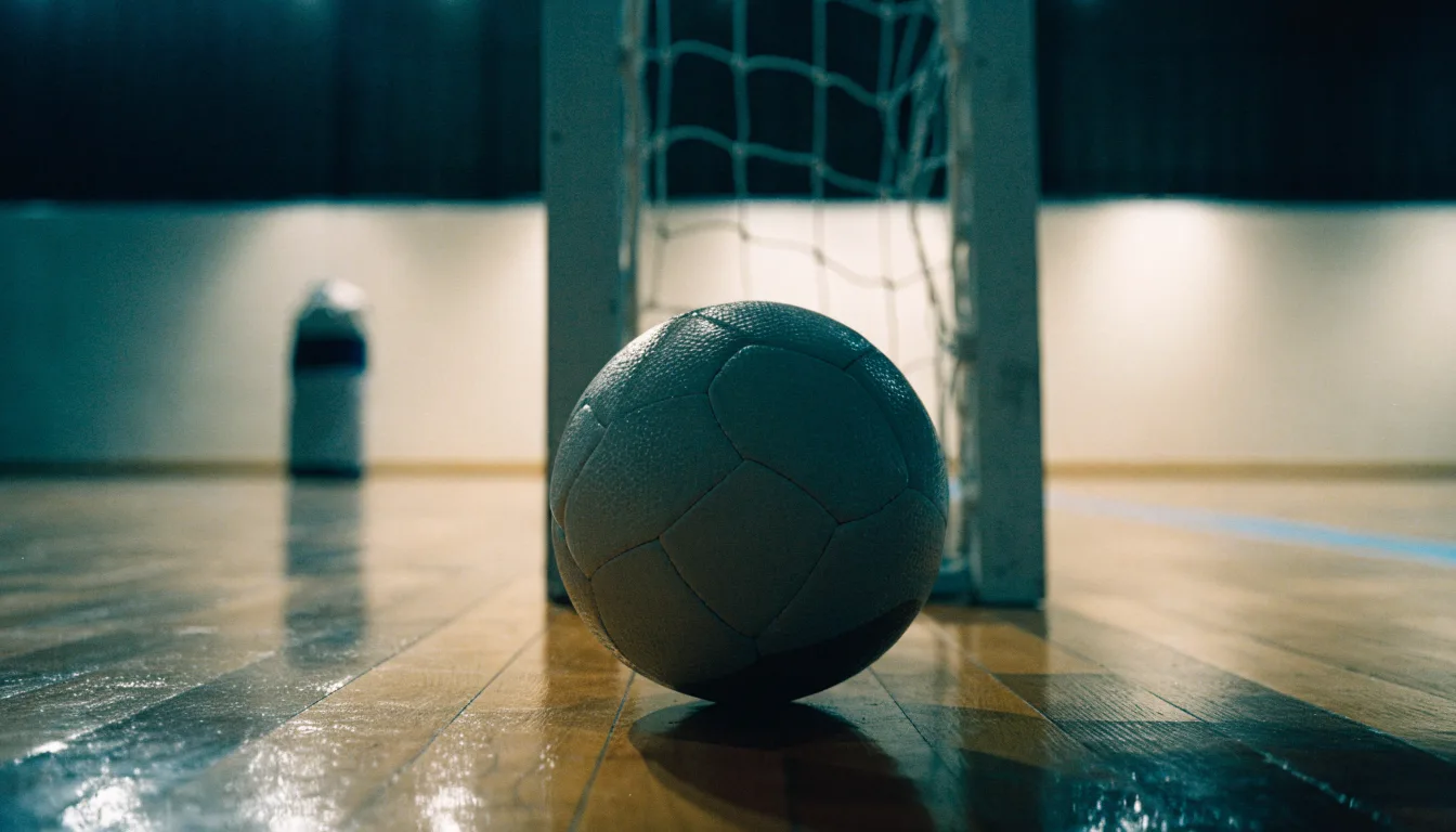Ein kleiner schwerer Ball liegt in einer Halle auf dem Parkett vor einem Tor, warmes Licht aus den Deckenstrahlern.