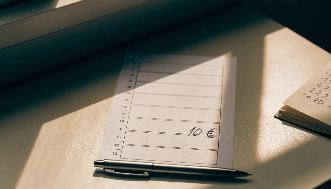 Ein leerer Papierwettschein und ein Kugelschreiber liegen auf einer glatten Schreibtischplatte neben einem Notizbuch.