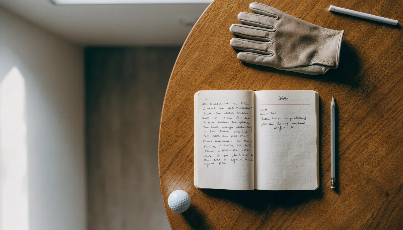 Ein Notizbuch mit handschriftlichen Notizen und ein Bleistift liegen neben einem Golfhandschuh und einem Tee auf einem Holztisch.