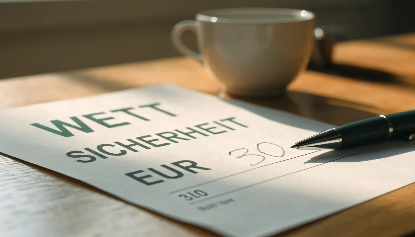 Ein leerer Wettschein aus Papier und ein Kugelschreiber liegen auf einem Schreibtisch neben einer Tasse Kaffee im Tageslicht.