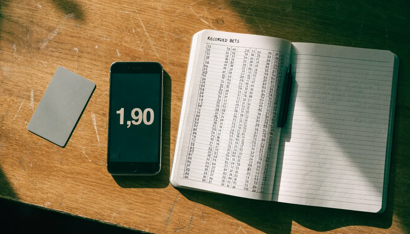 Ein Notizbuch mit handschriftlichen Notizen und ein Stift liegen auf einem Holztisch neben einem Smartphone mit dunklem Bildschirm.