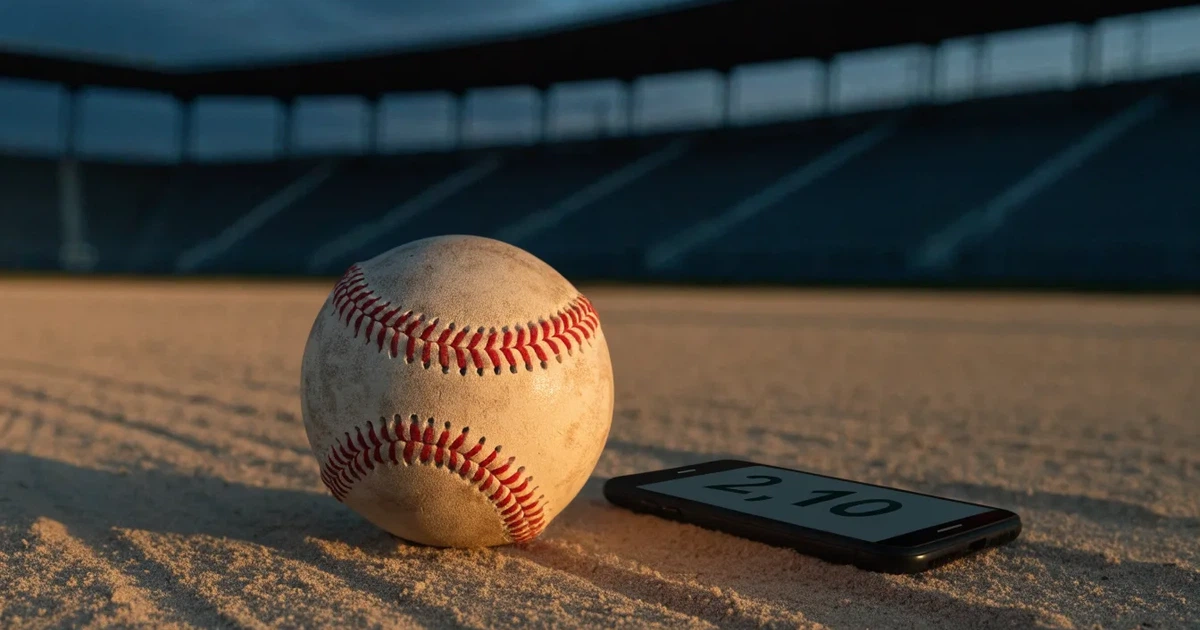 Ein Baseball liegt auf dem hellen Sand des Infields, im Hintergrund eine große Tribüne in der Abenddämmerung.