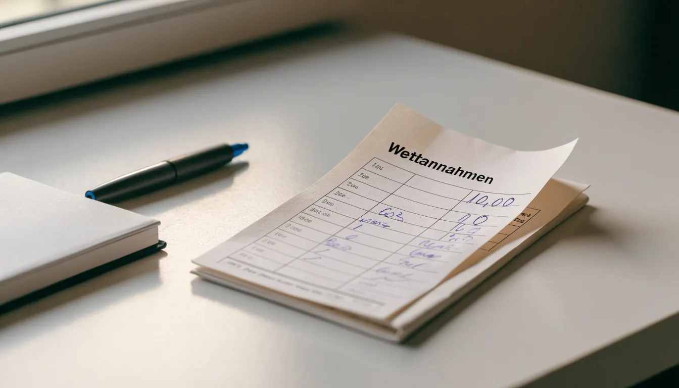 Ein leerer Wettschein aus Papier liegt neben einem Notizbuch und einem Stift auf einem aufgeräumten Schreibtisch.