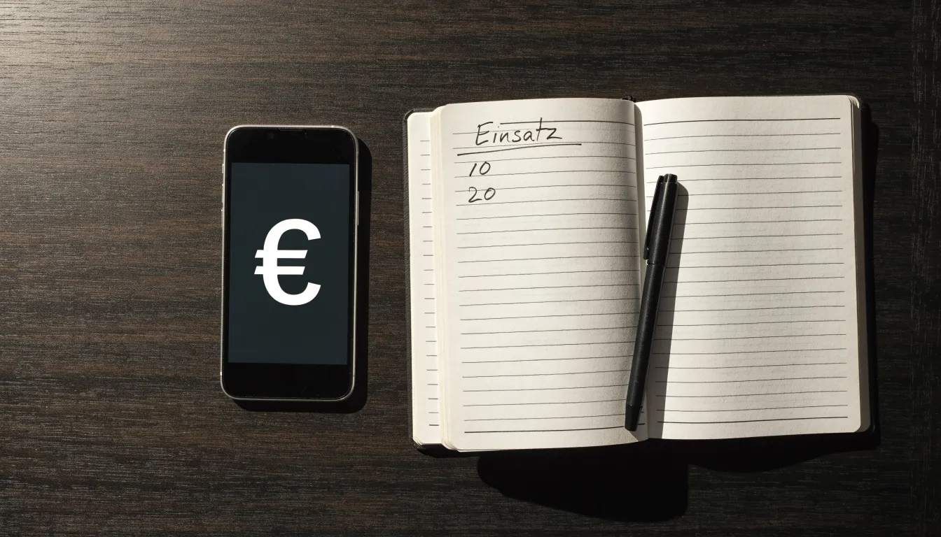 Ein Smartphone mit dunklem Display liegt neben einem Notizbuch und einem Kugelschreiber auf einem Tisch.