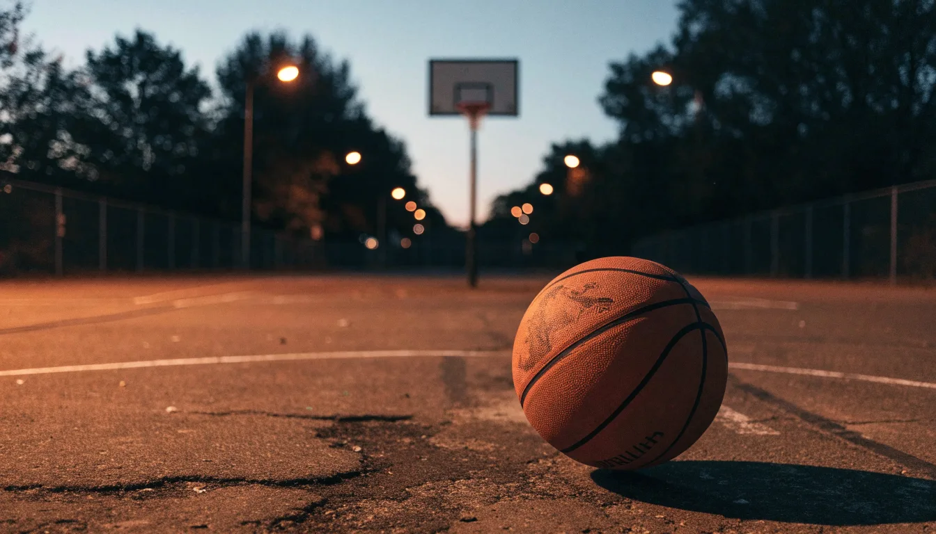 Ein Basketball rollt auf einem Freiluftplatz in der Abenddämmerung zu einem Korb, die Straßenlaternen leuchten bereits.