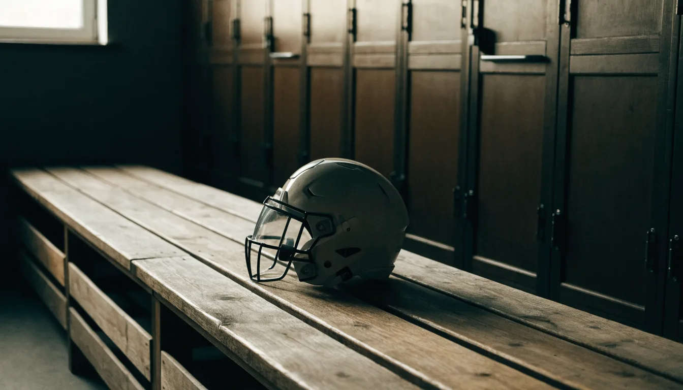 Ein neutraler Footballhelm ohne Aufdruck steht auf einer Holzbank in einer Umkleidekabine.
