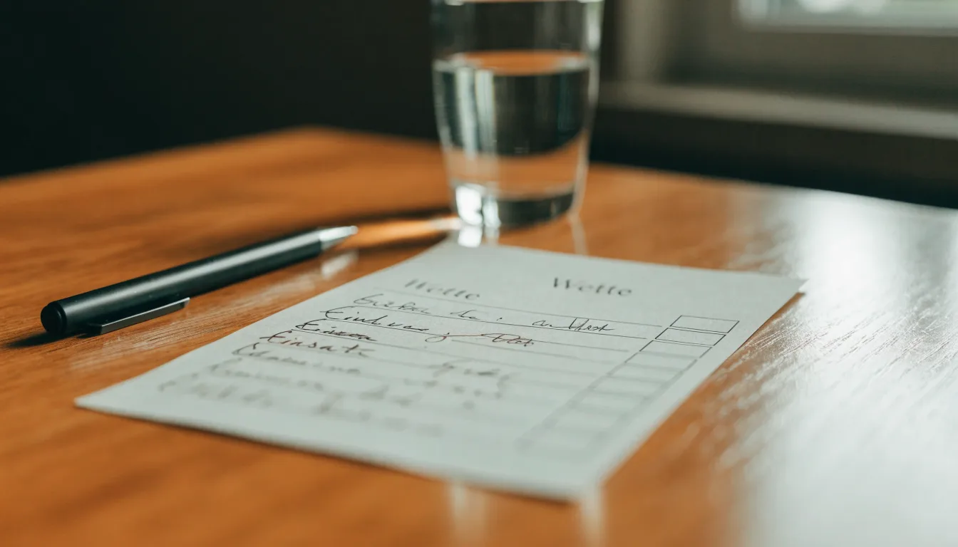 Ein leerer Wettschein aus Papier liegt neben einem Stift auf einem Tisch, daneben ein Glas Wasser.