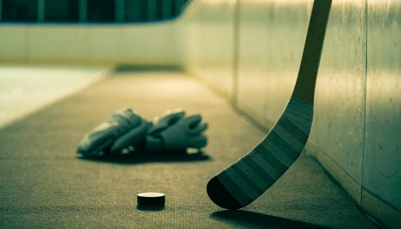 Ein Eishockeyschläger lehnt an einer Bande, daneben liegen ein Puck und ein Paar Handschuhe in einer Eishalle.