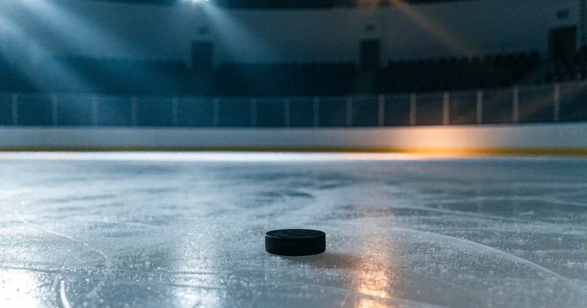 Eine leere Eisfläche in einer Halle mit Banden und Flutlicht, auf dem Eis liegt ein einzelner Puck.