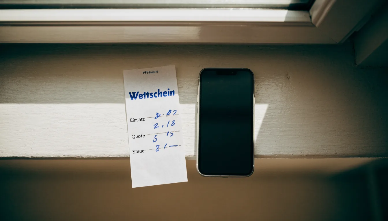 Ein leerer Wettschein aus Papier und ein Smartphone mit dunklem Display liegen auf einer Fensterbank im Tageslicht.