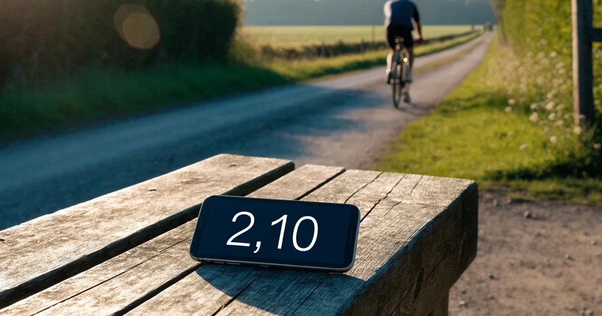 Eine Landstraße zwischen Feldern im Morgenlicht, am Straßenrand lehnt ein Rennrad ohne Aufschrift an einem Pfosten.
