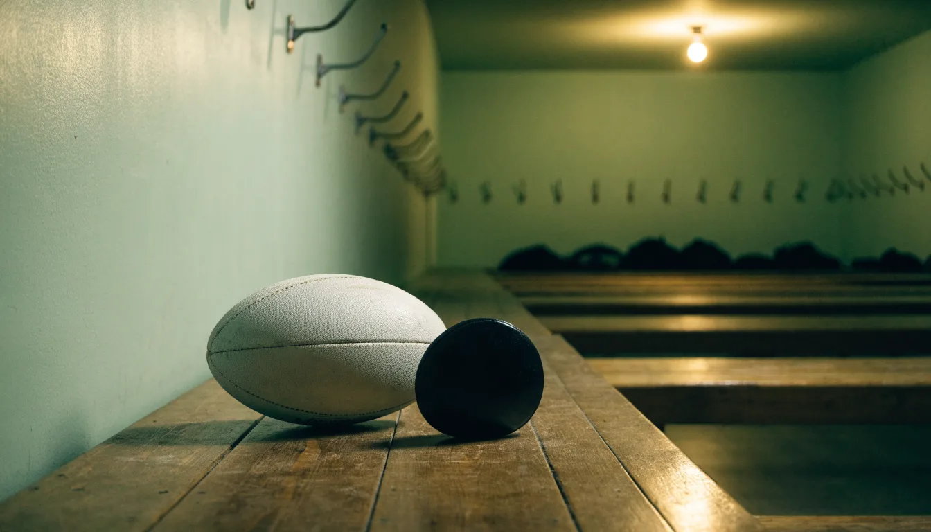 Ein Rugbyball und ein Mundschutz liegen auf einer Holzbank neben einer Reihe Kleiderhaken in einer Umkleide.