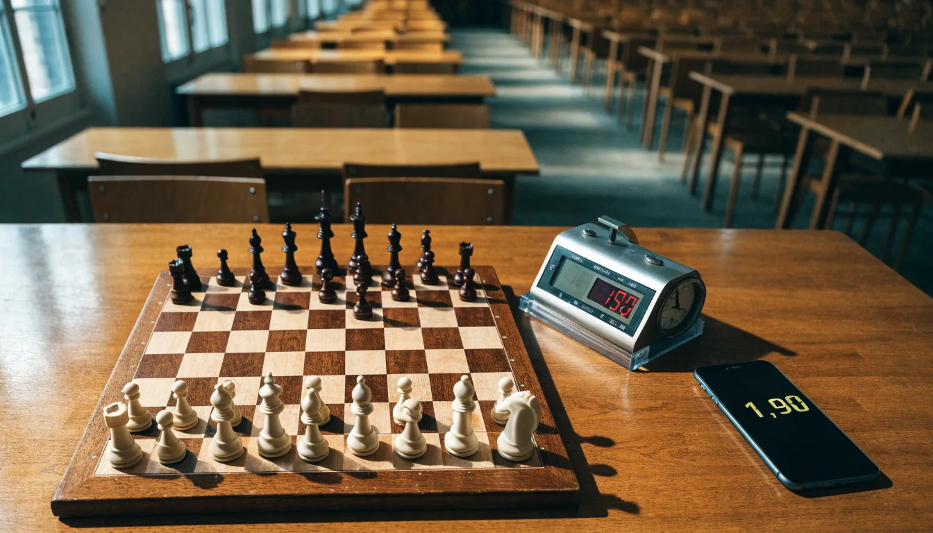 Ein Schachbrett und eine Schachuhr stehen auf einem Tisch in einem leeren Turniersaal, die Stühle sind ordentlich zurückgeschoben.