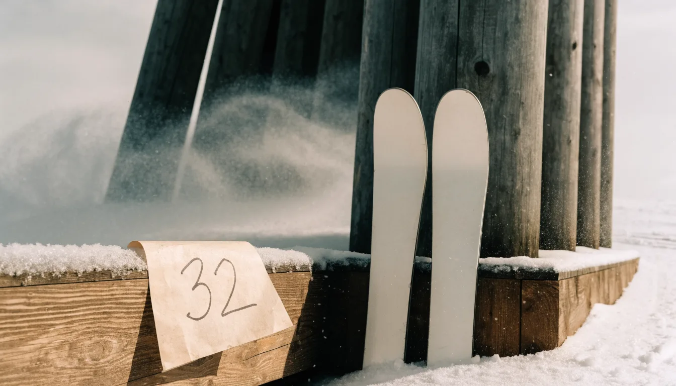 Ein Paar Skier steckt aufrecht im Schnee neben einem Anlaufturm, im Hintergrund wirbelt feiner Schnee im Wind.