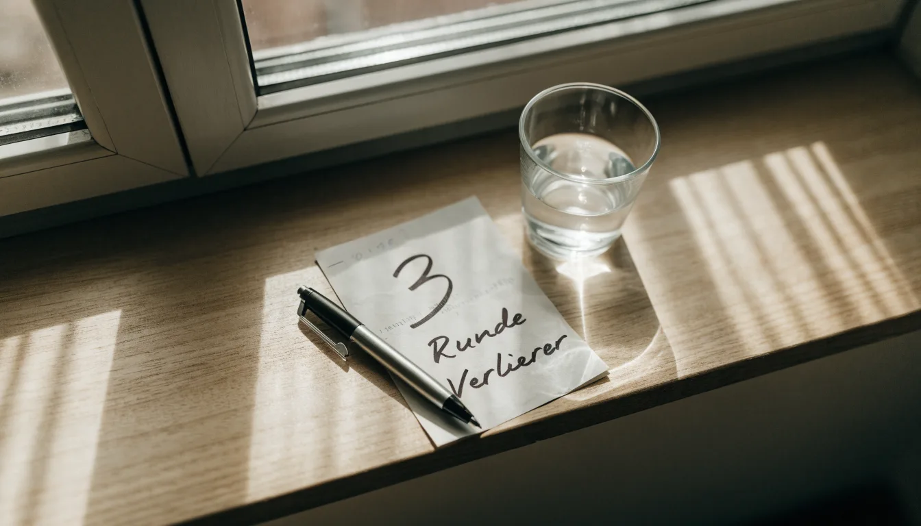 Ein leerer Wettschein aus Papier und ein Kugelschreiber liegen neben einem Glas Wasser auf einer Fensterbank.