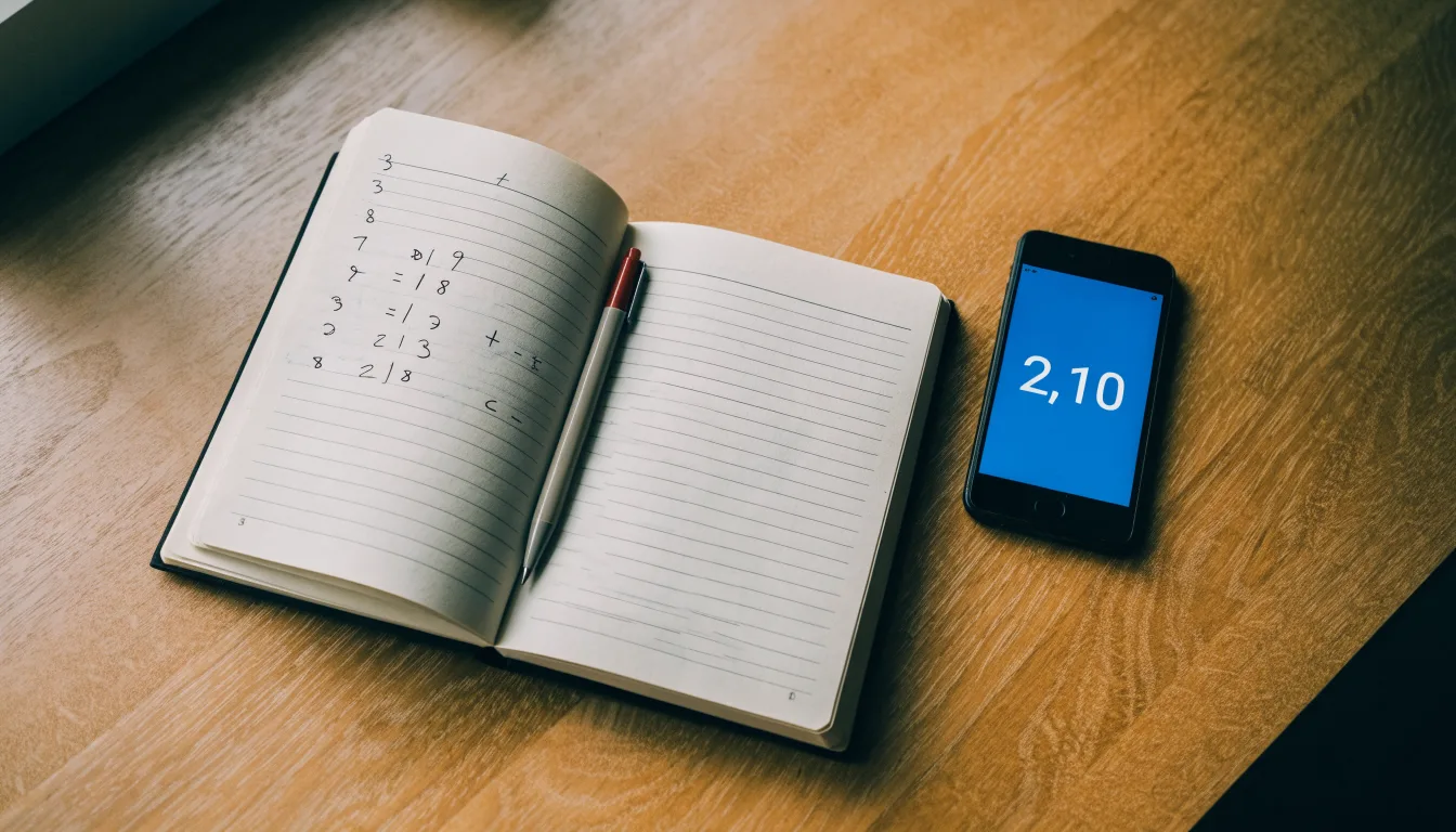 Ein aufgeschlagenes Notizbuch mit handschriftlichen Rechnungen liegt neben Stift und Smartphone auf einem Holztisch im Tageslicht.