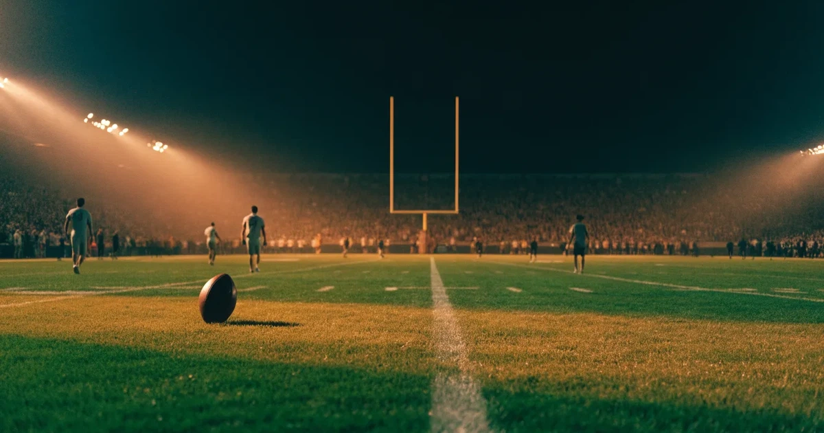 Ein Footballstadion bei Flutlicht aus der Ferne gesehen, davor ein leerer Rasen mit Yard-Linien und ein ovaler Ball am Spielfeldrand.