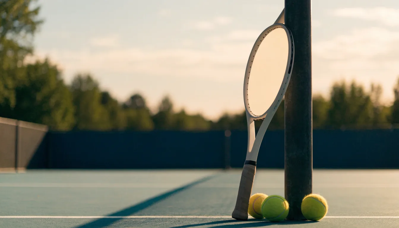 Ein Tennisschläger lehnt an einem Netzpfosten, daneben liegen drei Bälle auf einem Hartplatz in warmem Nachmittagslicht.