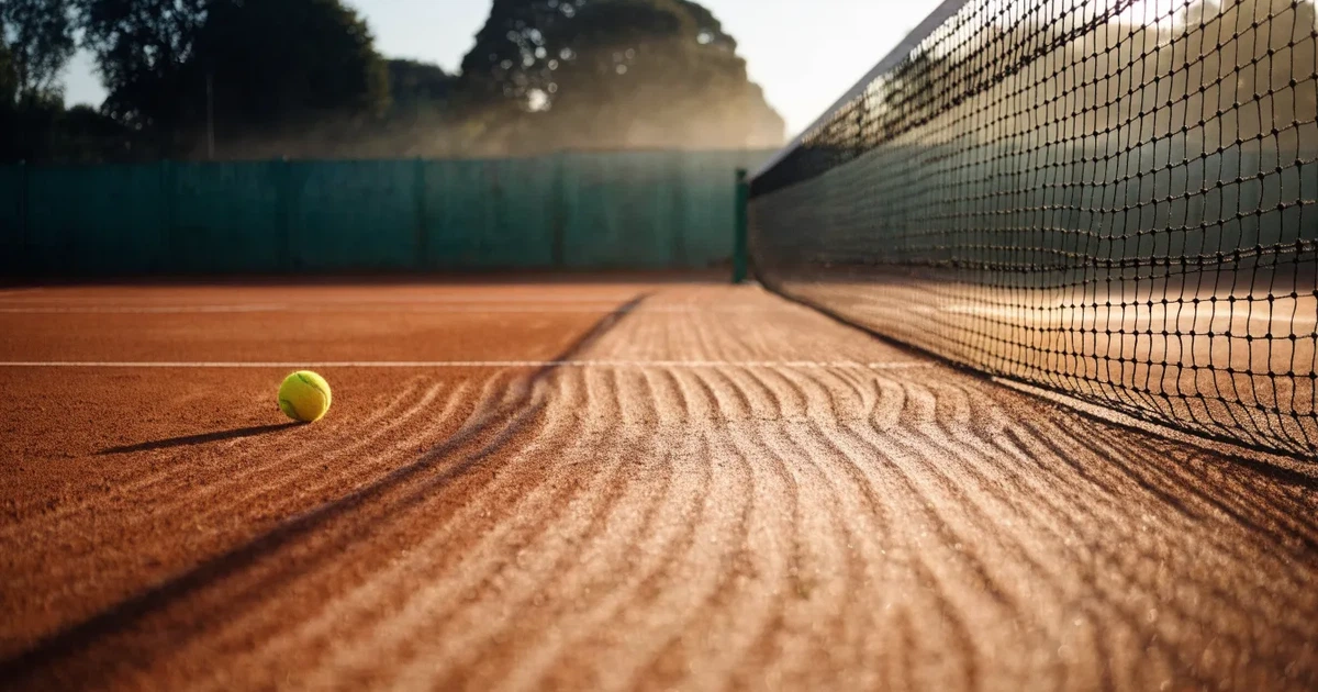 Ein Sandplatz am frühen Morgen mit frisch gezogenen Linien, einem Netz in der Mitte und einem gelben Ball auf der Grundlinie.