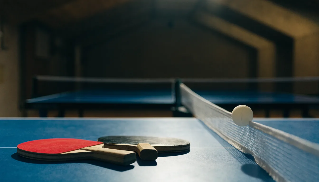 Ein weißer Ball liegt in Nahaufnahme auf der Netzkante einer Tischtennisplatte, daneben zwei Holzschläger mit rotem und schwarzem Belag.