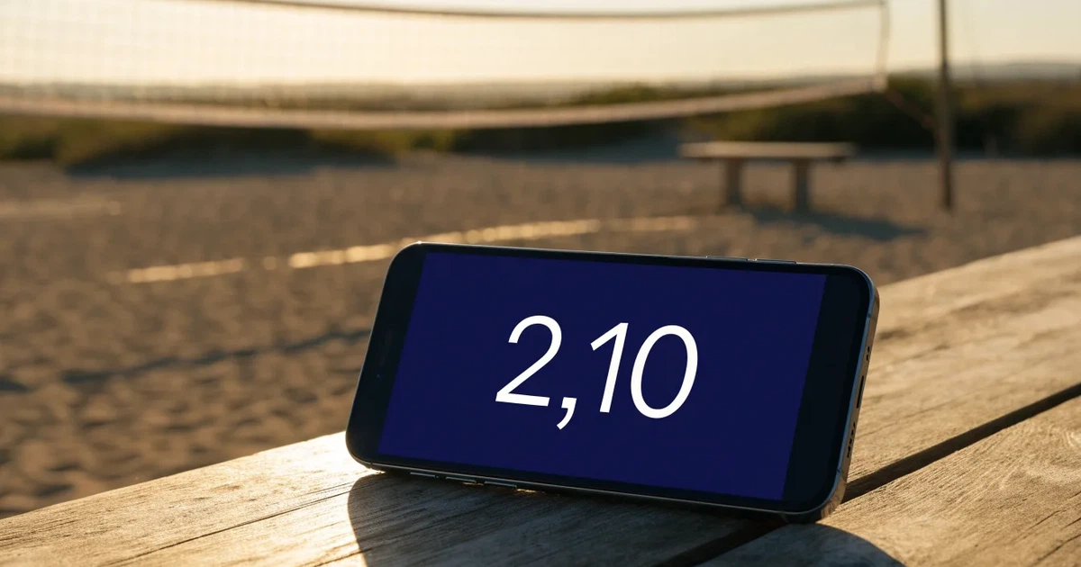 Ein Volleyball liegt auf dem Sand eines Beachvolleyball-Feldes neben dem gespannten Netz, im Hintergrund eine leere Tribüne bei Abendlicht.