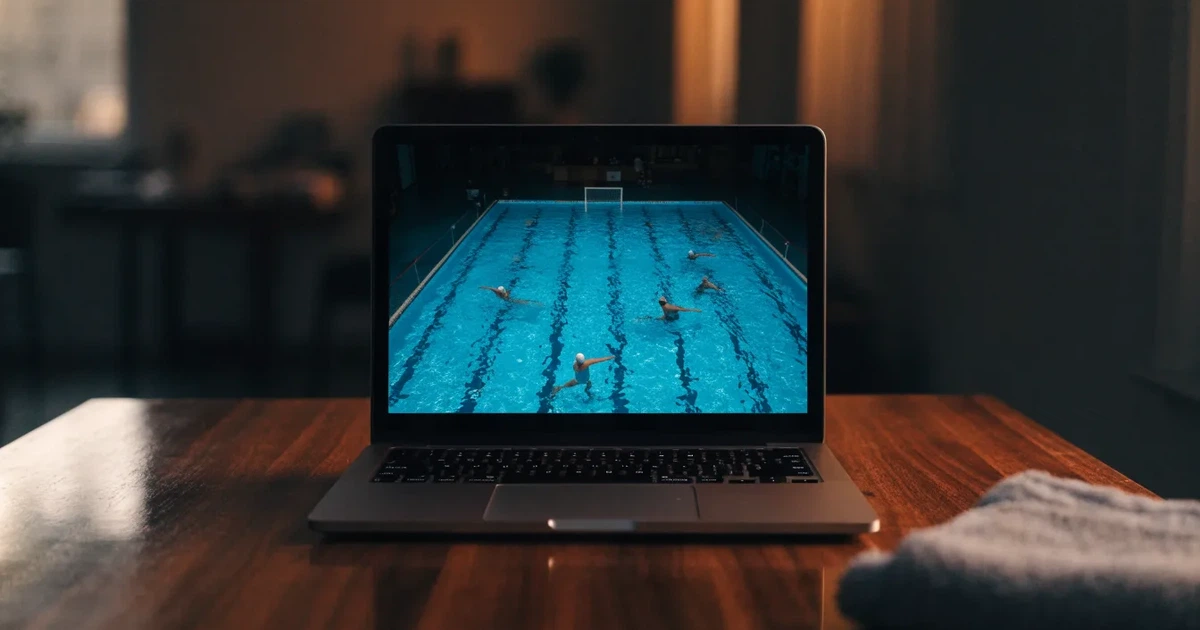 Ein Schwimmbecken mit türkisfarbenem Wasser und zwei schwimmenden Torrahmen am gegenüberliegenden Beckenrand, menschenleer unter Hallenlicht.