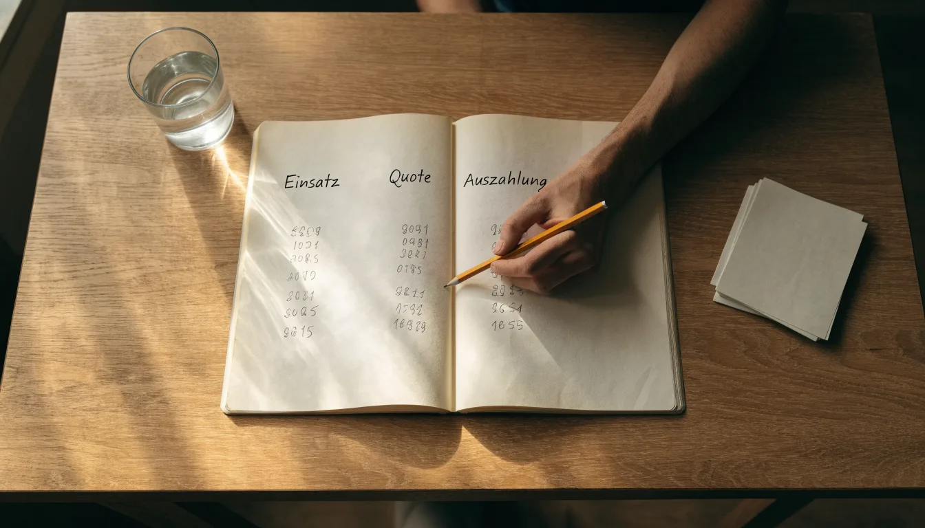 Ein Notizbuch mit handschriftlichen Spalten und einem Bleistift liegt auf einem Schreibtisch neben einem Taschenrechner.