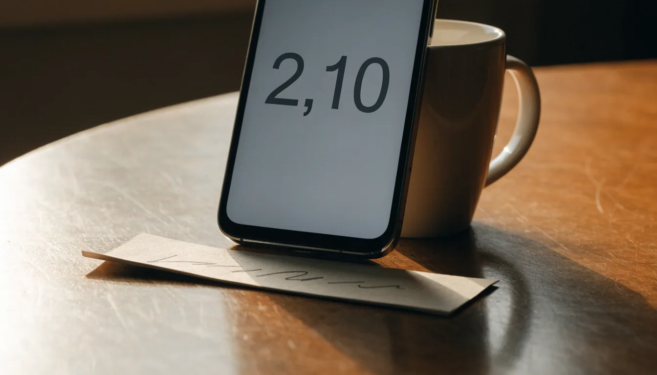 Ein Smartphone mit dunklem Bildschirm lehnt an einer Kaffeetasse auf einem Holztisch, daneben ein blanker Papier-Wettschein.