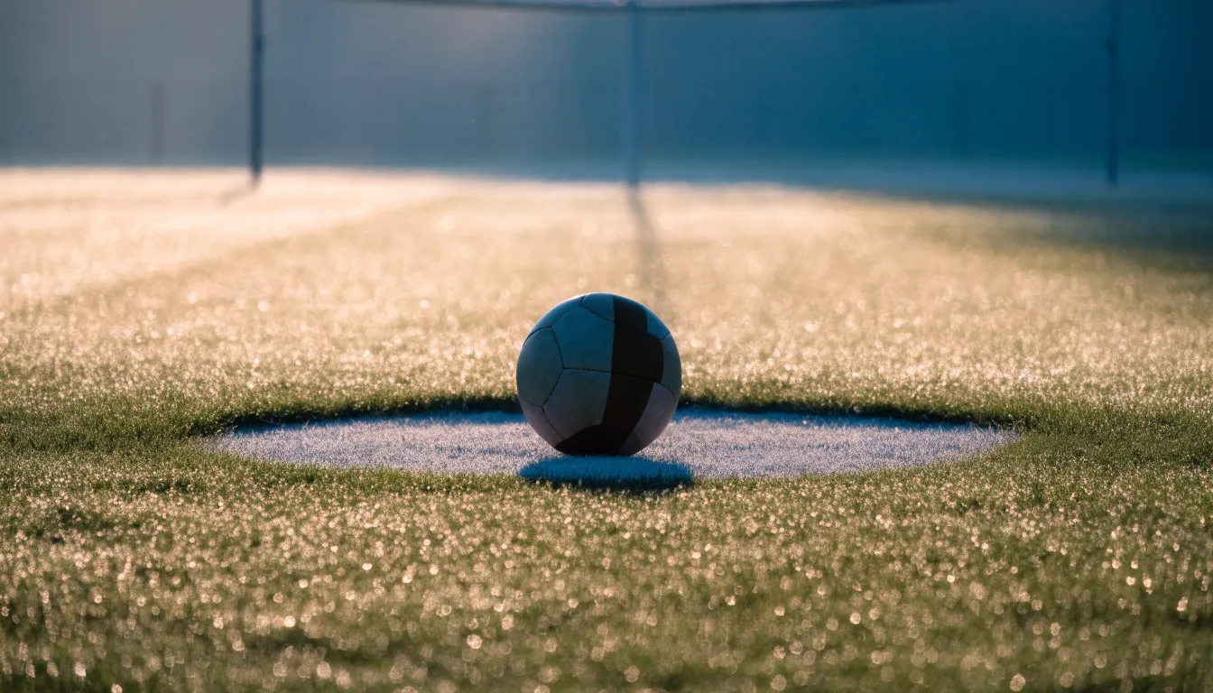 Ein Fußball liegt auf dem Anstoßpunkt eines Rasenplatzes im ersten Morgenlicht, Tau glänzt auf dem Gras.