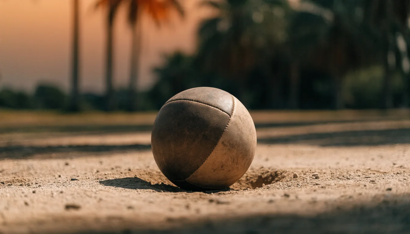 Ein Fußball liegt auf einem staubigen Bolzplatz mit Palmen im Hintergrund in warmem Abendlicht.