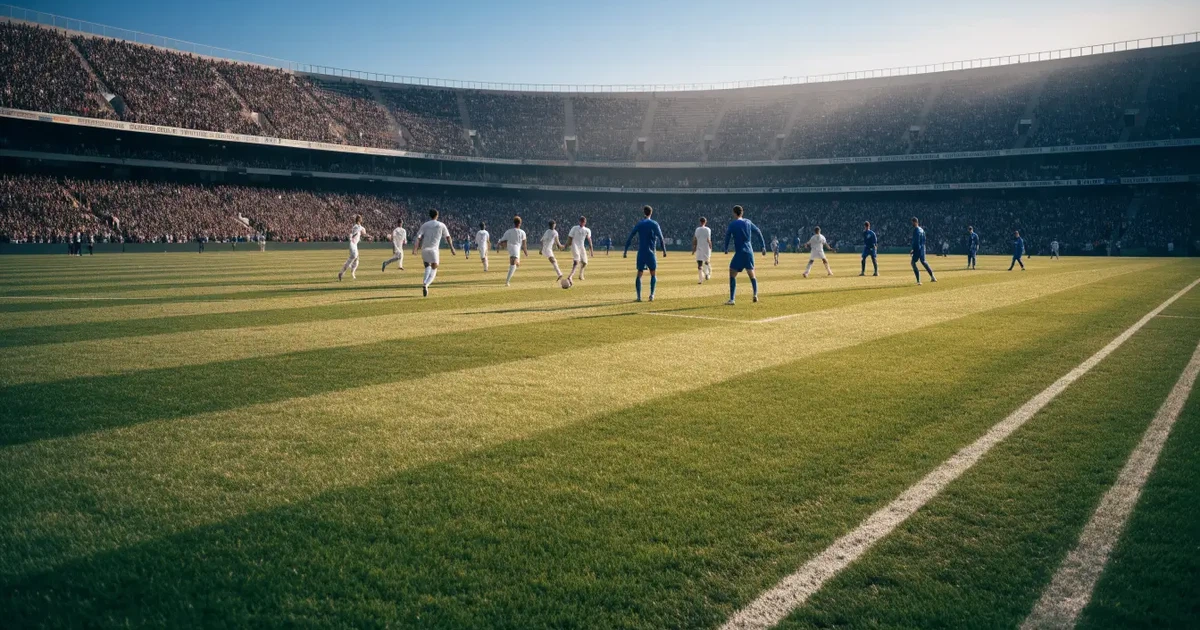 Ein Fußballstadion mit hellen Rängen unter strahlend blauem Himmel, davor ein sonnenbeschienener Rasen mit frisch gemähten Streifen.