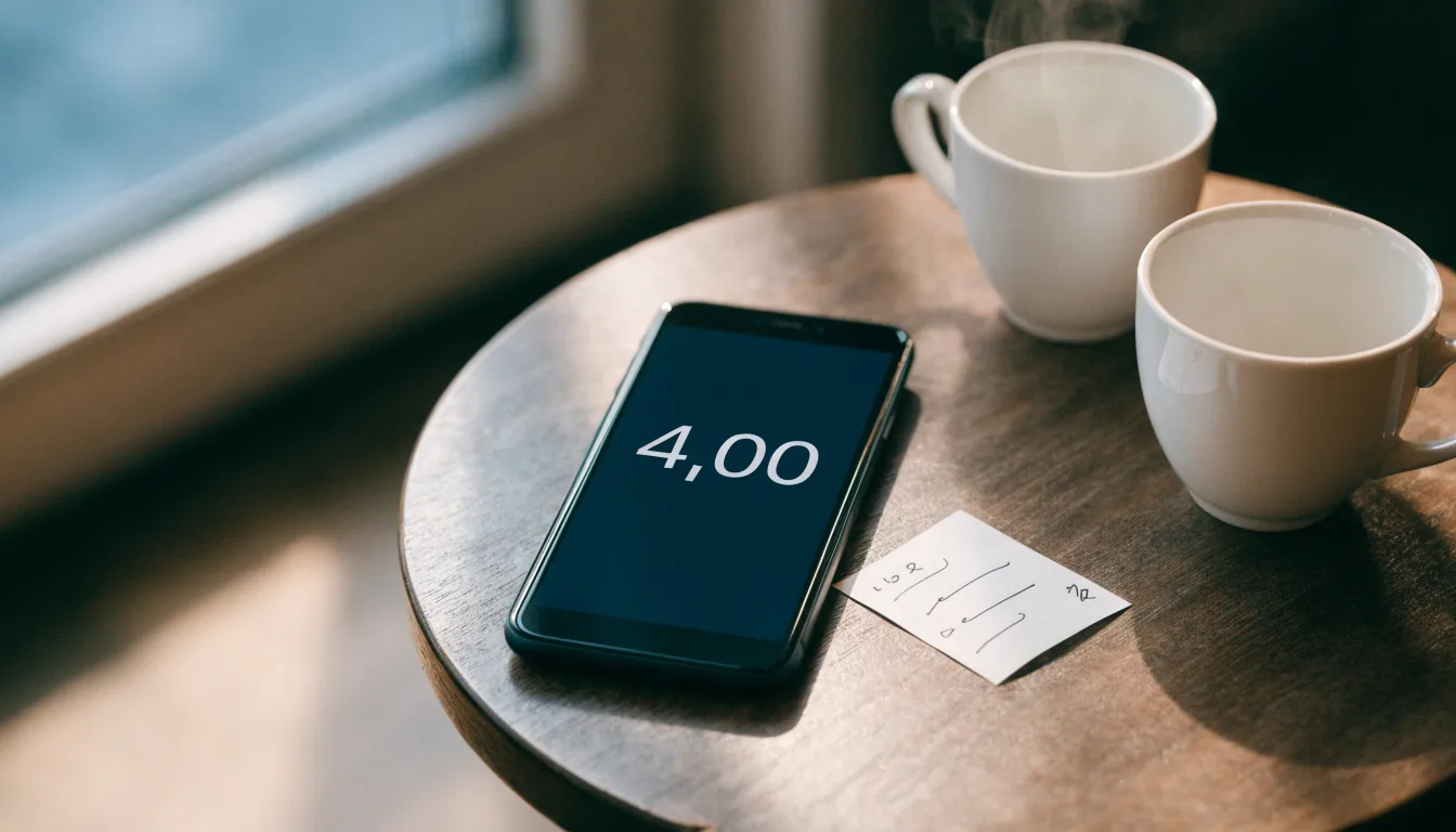 Zwei Kaffeetassen und ein dunkles Smartphone stehen auf einem Café-Tisch am Fenster im Morgenlicht.