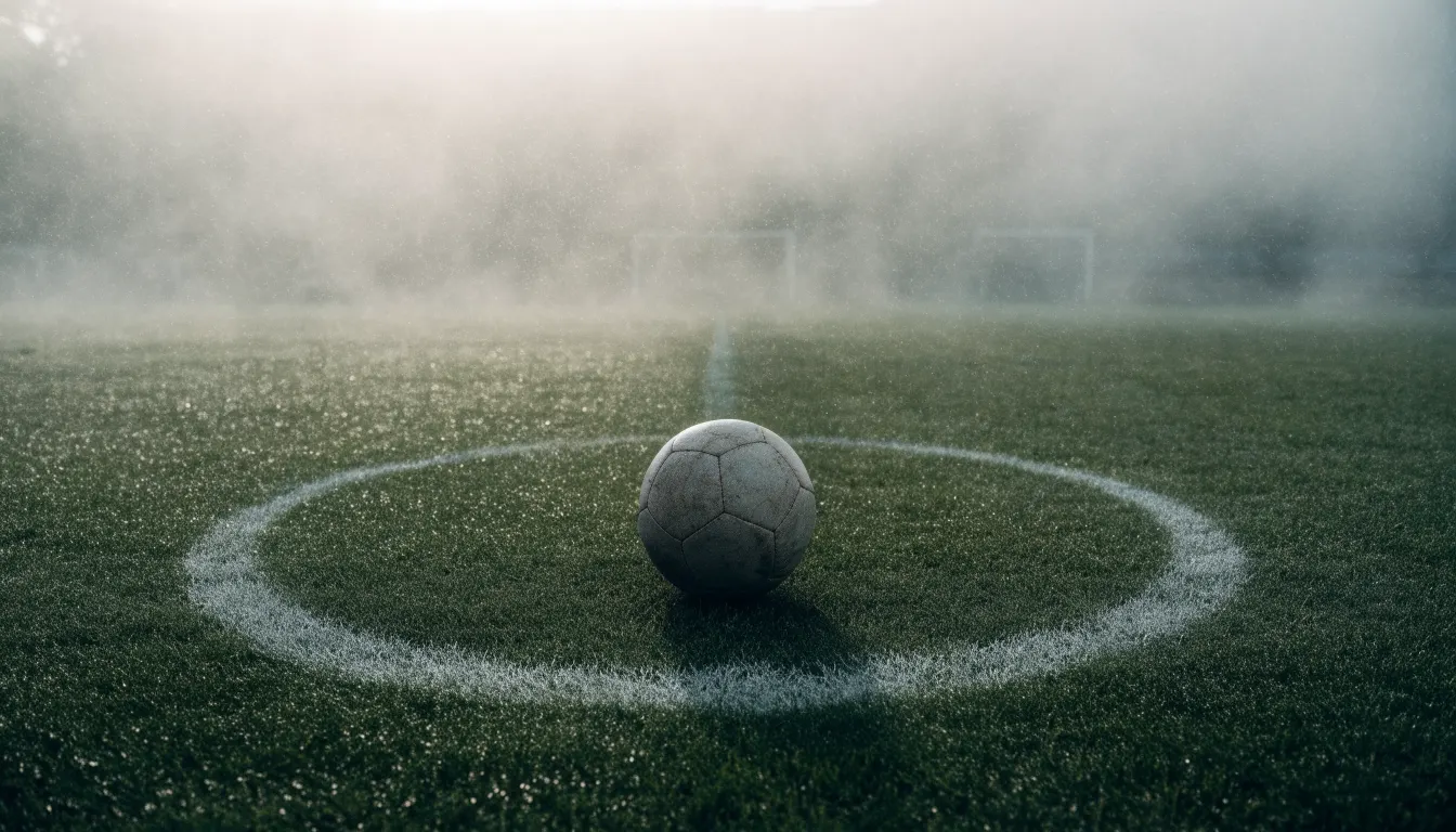 Ein abgewetzter Fußball liegt auf dem Anstoßkreis eines Naturrasens im Morgennebel.