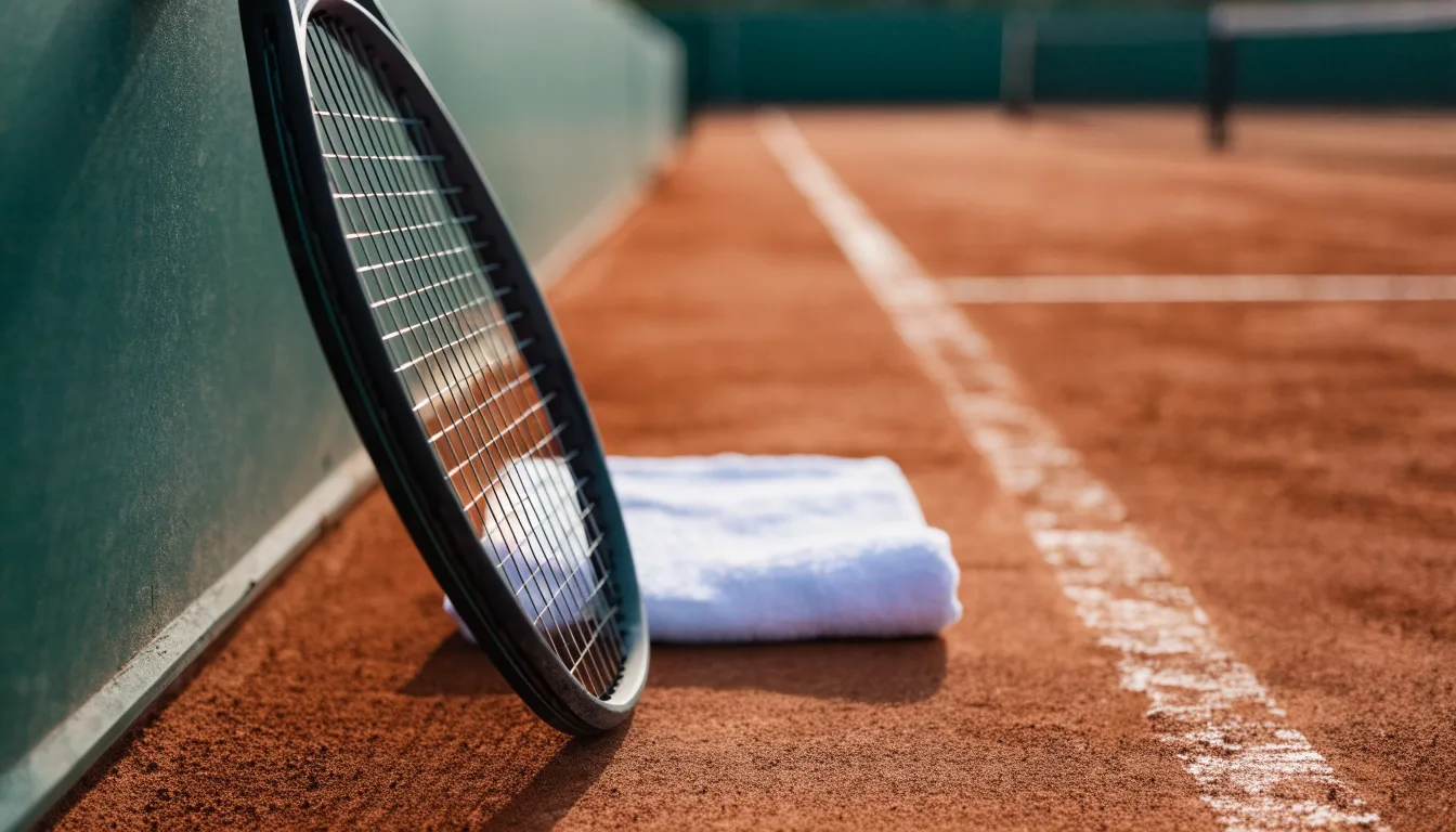 Ein Tennisschläger lehnt an einer dunkelgrünen Bande ohne Aufschrift auf einem Sandplatz, daneben liegt ein Handtuch.