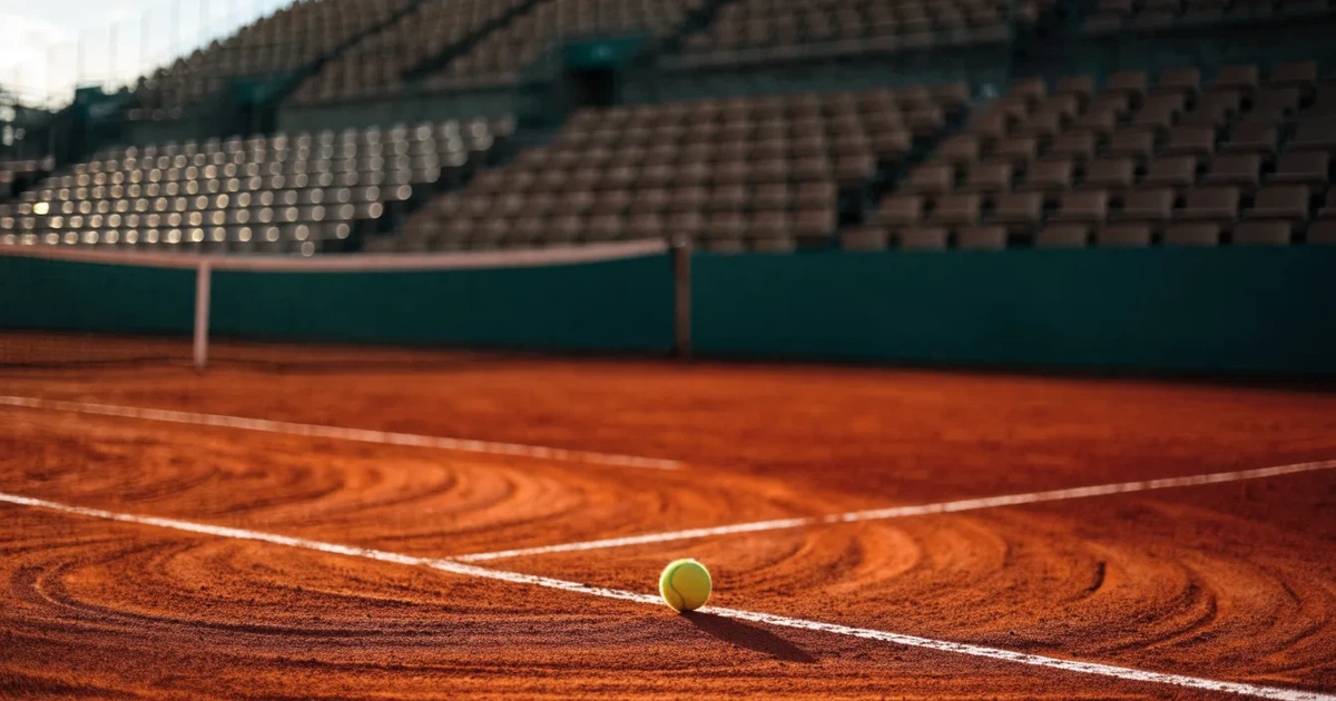 Ein Sandplatz mit rötlichem Belag und gezogenen weißen Linien, ein einzelner Tennisball liegt neben der Linie, im Hintergrund eine leere Tribüne.