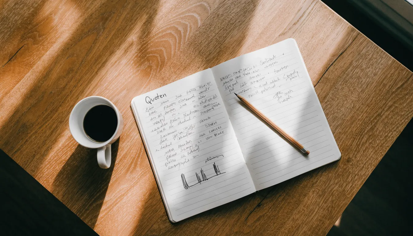 Ein aufgeschlagenes Notizbuch mit handschriftlichen Skizzen liegt neben einem Bleistift auf einem Holztisch, daneben eine Tasse Kaffee.