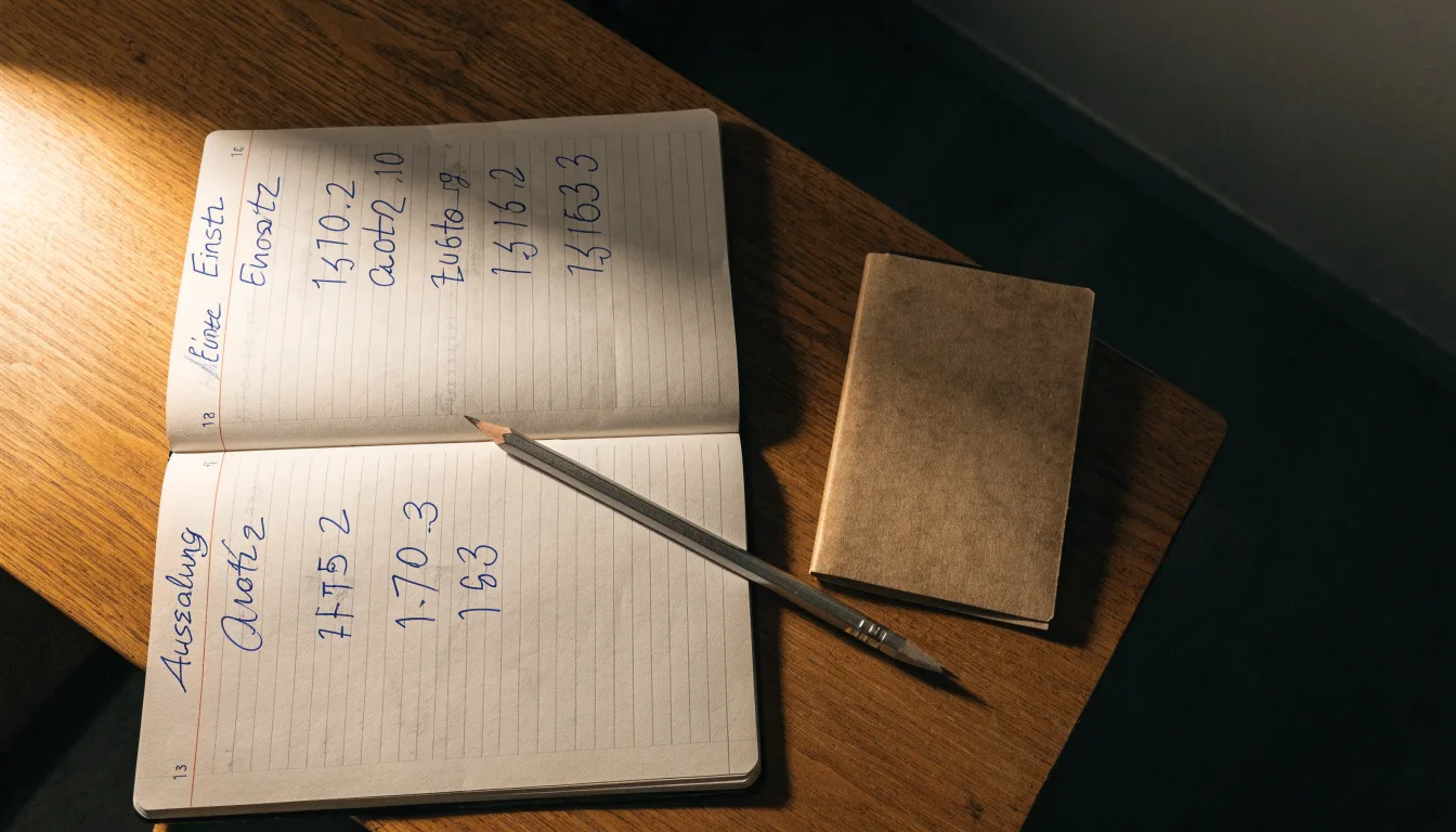 Ein Taschenrechner und ein Bleistift liegen auf einem Schreibtisch neben einem aufgeschlagenen Notizbuch mit handschriftlichen Zahlenreihen.