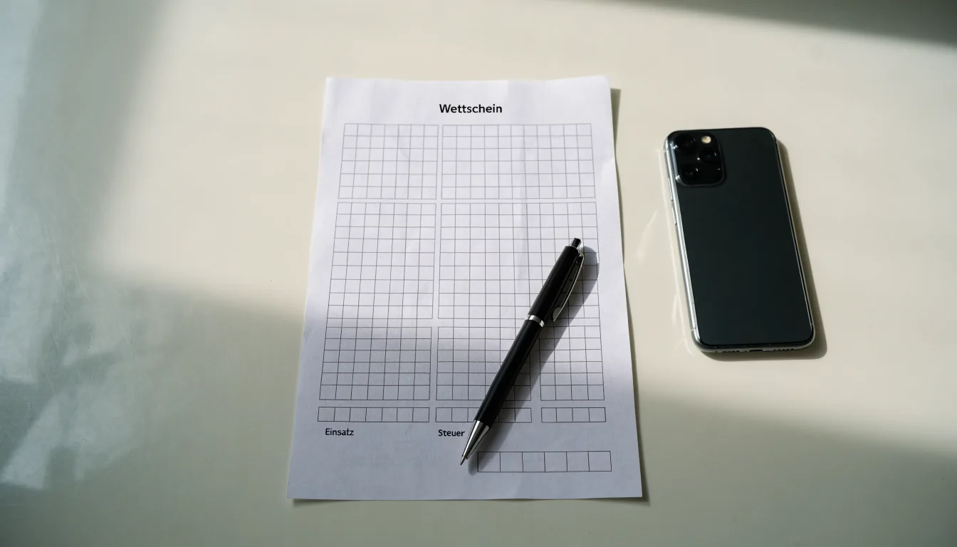 Ein leerer Papier-Wettschein liegt neben einem Smartphone mit dunklem Display auf einer hellen Tischplatte, daneben ein Kugelschreiber.